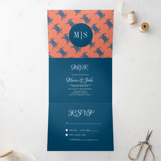 Crab Broil Boil Seafood Beach Nautical Wedding Tri-Fold Invitation (Inside)