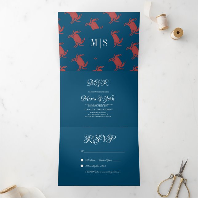 Crab Broil Boil Seafood Beach Nautical Wedding Tri-Fold Invitation (Inside)