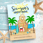 Crab Castle | Tropical Beach Palm Tree Christmas Holiday Card<br><div class="desc">Send your Sea-Sun's greetings with this coastal Christmas card featuring a surfer crab in a sandcastle on a tropical beach with the sun and ocean in the background. The crab got up early and went surfing, then got in the holiday spirit and decorated the abode and palm trees with Christmas...</div>