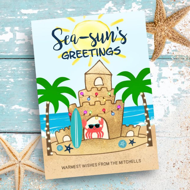 Crab Castle | Tropical Beach Palm Tree Christmas Holiday Card (Creator Uploaded)