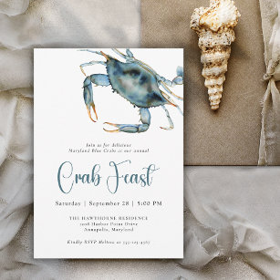 Crab Feast Watercolor Blue Crab Invitation