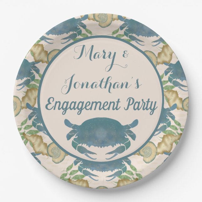 Crab Feast-Watercolor Blue Crabs, Engagement  Paper Plate (Front)