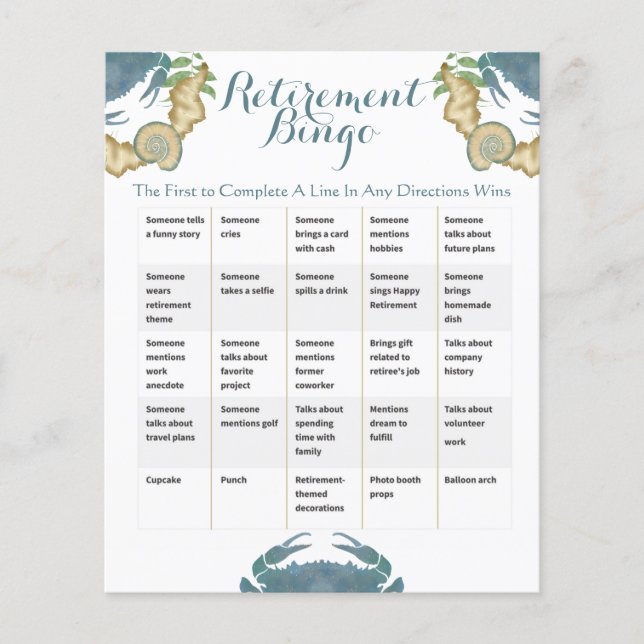 Crab Feast-Watercolor Blue Crabs, Retirement Bingo (Front)