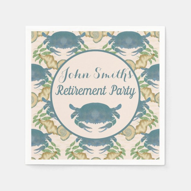 Crab Feast-Watercolor Blue Crabs, Retirement Napkin (Front)