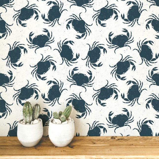 Crab Indigo Blue and White Coastal Pattern Wallpaper (Indigo blue and white Lino block print style crab crustacean peel and stick wallpaper)