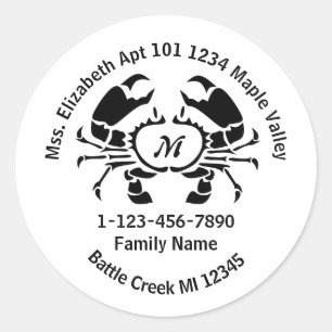 Crab Monogram Family Home Address Classic Round Sticker