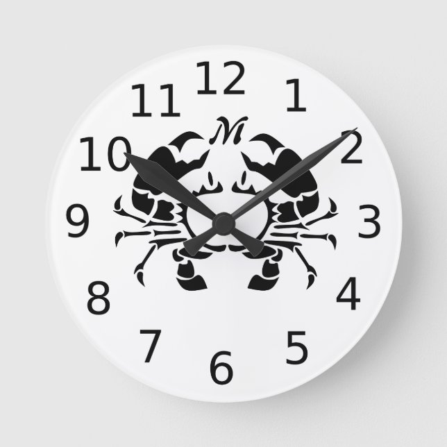Crab Monogram in a Black Stencil Style Round Clock (Front)