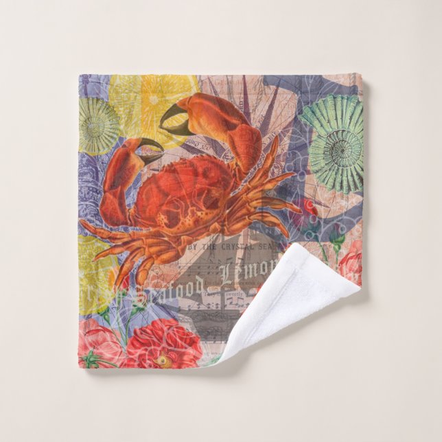 Crab Nautical Beach Seafood Art Bath Towel Set (Wash Cloth)