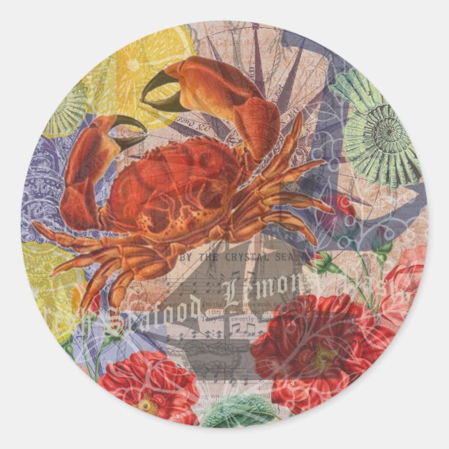 Crab Nautical Beach Seafood Art Classic Round Sticker (Front)