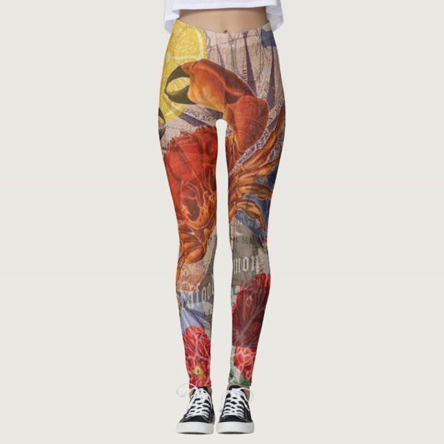 Crab Nautical Beach Seafood Art Leggings (Front)