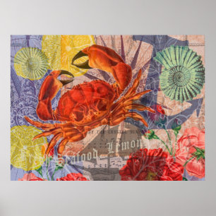 Crab Nautical Beach Seafood Art Poster