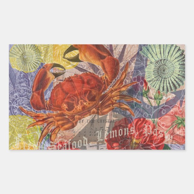 Crab Nautical Beach Seafood Art Rectangular Sticker (Front)