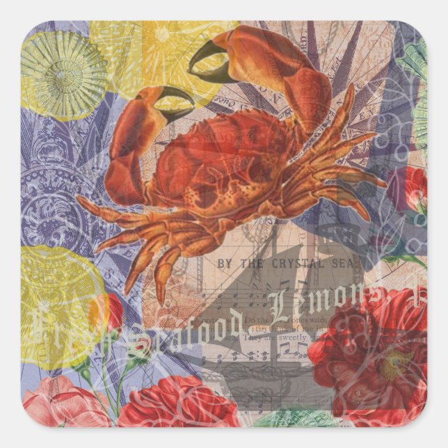 Crab Nautical Beach Seafood Art Square Sticker (Front)