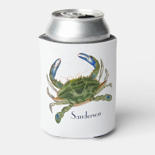 Crab Nautical  Blue and Green Can Cooler (Can Back)