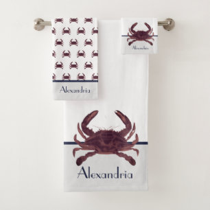 Crab Nautical Burgundy Maroon Red and Grey Bath To Towel Set