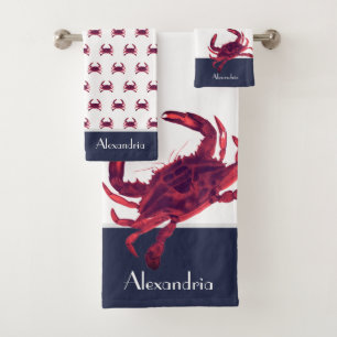 Crab Nautical Burgundy Maroon Red Grey Navy Blue Bath Towel Set