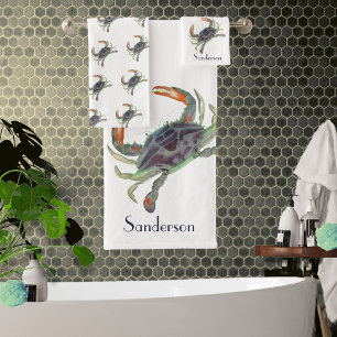 Crab Nautical Grey Blue and Green Bath Towel Set