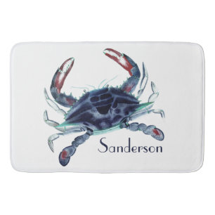 Crab Nautical Navy Blue and White    Bath Mat