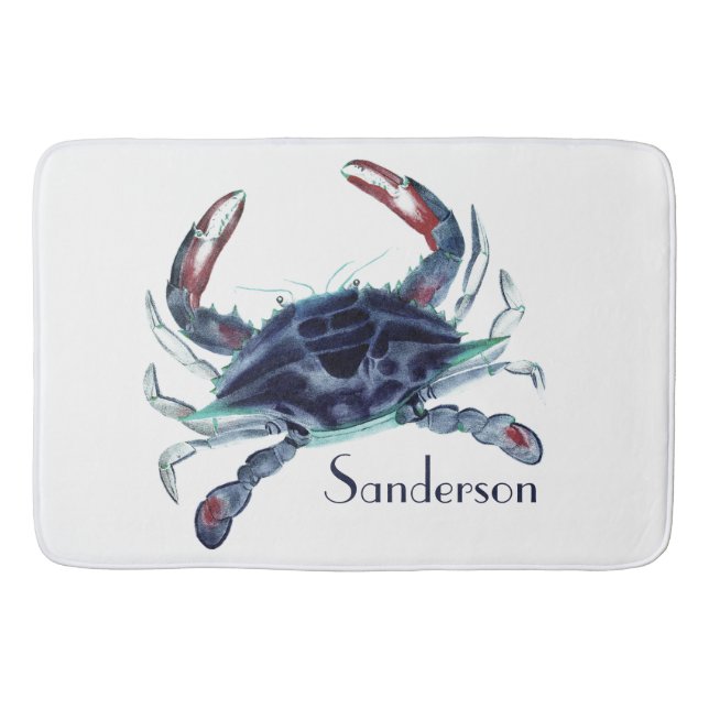 Crab Nautical Navy Blue and White    Bath Mat (Front)