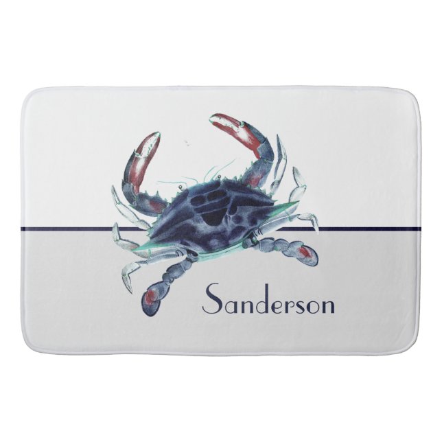 Crab Nautical Navy Blue and White    Bath Mat (Front)