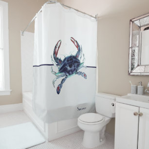 Crab Nautical Navy Blue and White Shower Curtain