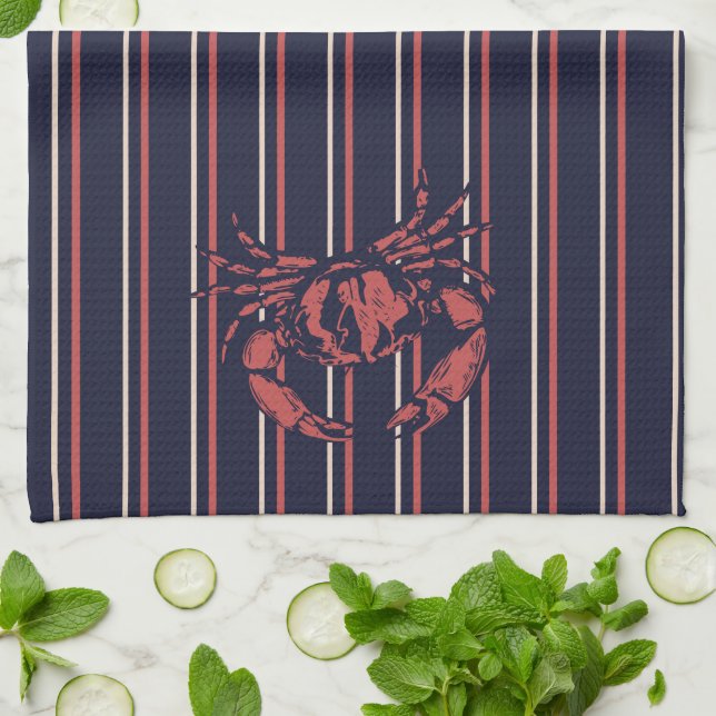 Crab Navy Blue And Red Stripe Fisherman Tea Towel (Folded)