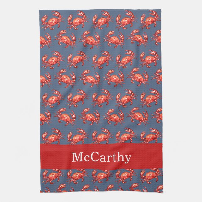 Crab Pattern Summer Beach Personalised Navy Tea Towel (Vertical)