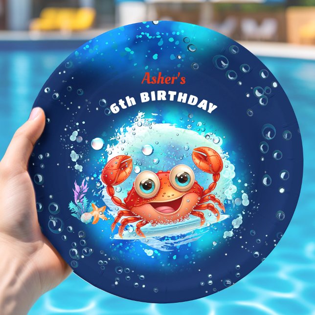Crab Pool Navy Blue Birthday Party Boy Custom Age Paper Plate (Crab Pool Navy Blue Birthday Party Boy Custom Age Paper Plates)