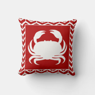Crab Red White Herringbone Coastal Modern Nautical Cushion