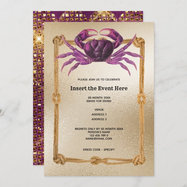 Crab rope frame magenta pink gold glitter nautical invitation (Front/Back)