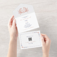 Crab Rustic Beach Wedding Red & Blue QR Code RSVP