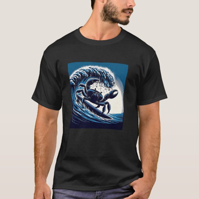 Crab Surfing Adventure Ocean Wave Beach Fun T-Shirt (Front)