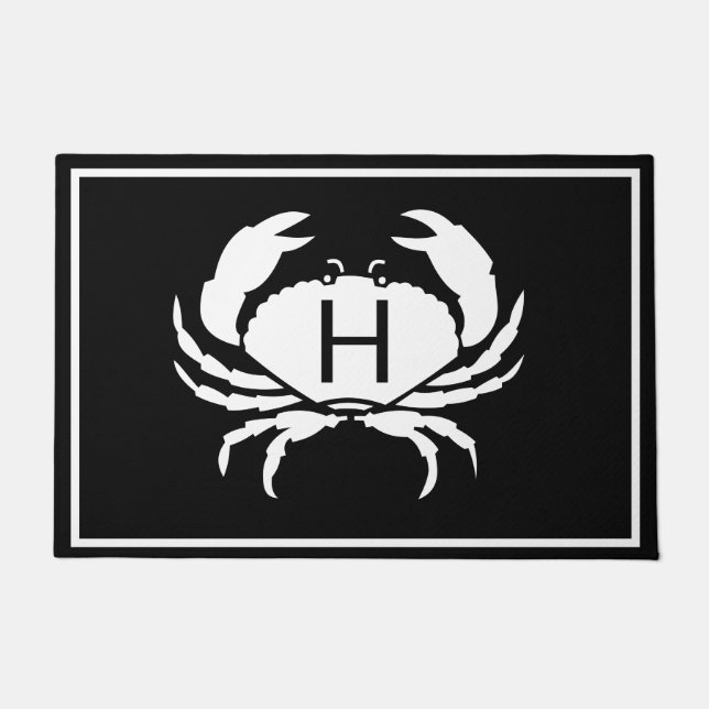 CRAB WHITE on BLACK initial Modern Letter Doormat (Front)