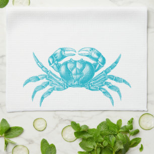 Crab Woodblock Print Artisan Style Aqua Blue Tea Towel