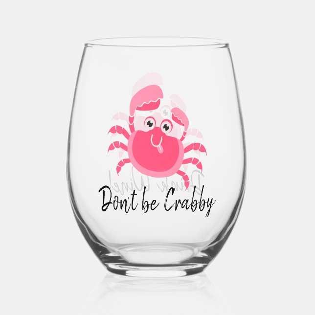 Crabby Crab Design Stemless Wine Glass (Front)