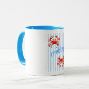 CRABBY Red Watercolor Crabs Pastel Blue Stripes Mug