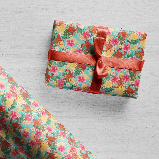Crabs Lemons Hibiscus Hand-Drawn Tropical Pattern Wrapping Paper (Creator Uploaded)