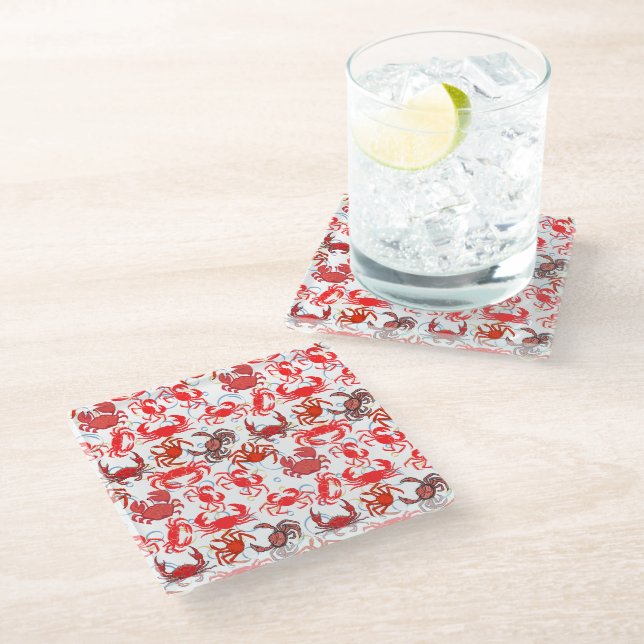 Crabs Patternx4 Off White BG Glass Coaster (Angled)