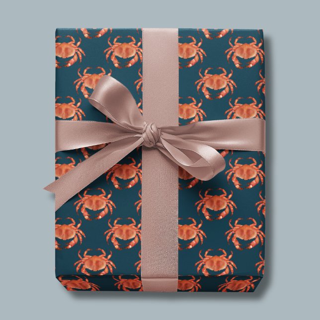 Crabs Seaside Pattern Wrapping Paper (Brown crab wrapping paper on navy blue background)