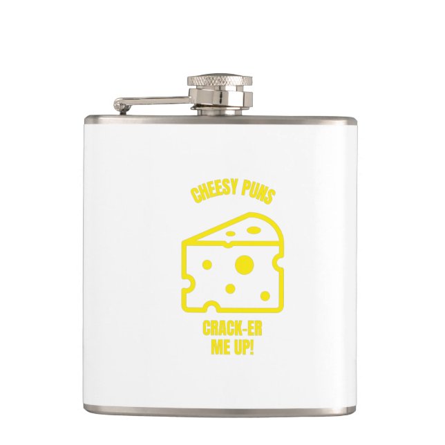 Crack cheesy puns funny cheese pun jokes hip flask (Front)