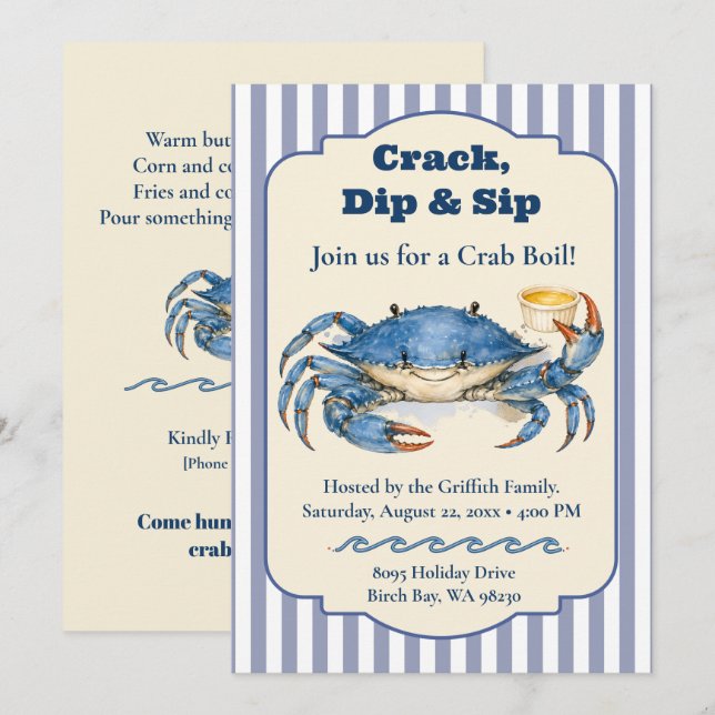 Crack Dip Sip Blue Crab Boil Party Invitation (Front/Back)