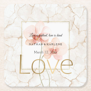 Cracked Ivory Tropical Pink Orchid Floral Wedding  Square Paper Coaster
