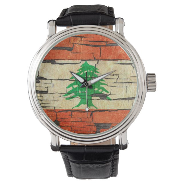 Cracked Lebanese Flag Peeling Paint Effect Watch (Front)