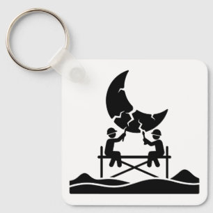 Cracked moon repair workers on scaffold fixing sky key ring