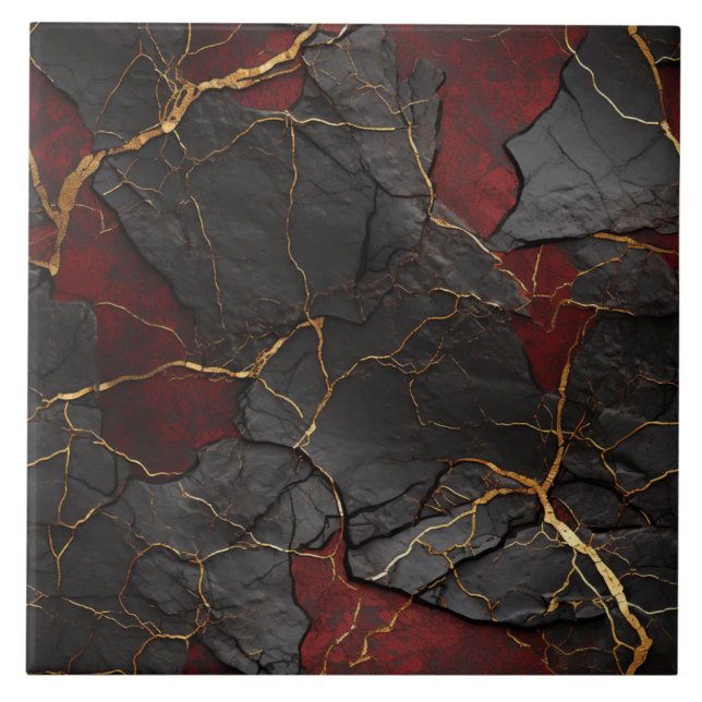 Cracked Stone Texture, Red Black & Gold Tile (The complete printed tile design. Tiles sold individually.)
