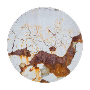 Cracked white paint, rusty car. cutting board