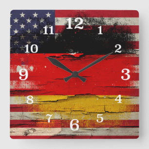 Crackle Paint German American Flag Square Wall Clock