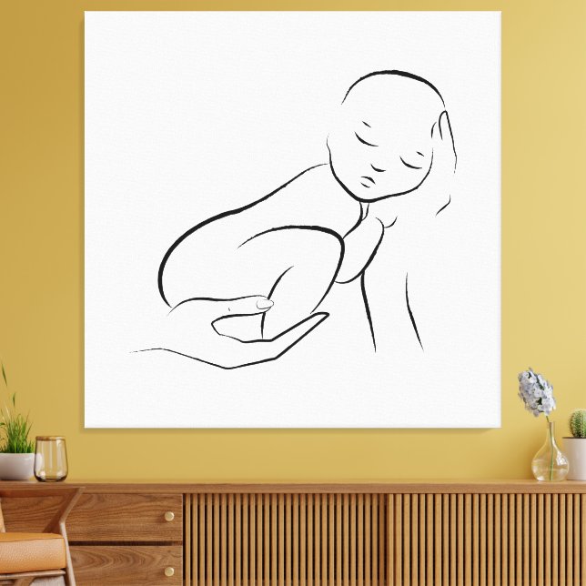 Cradled Innocence – Minimalist Baby Line Art Canvas Print (Insitu(LivingRoom))