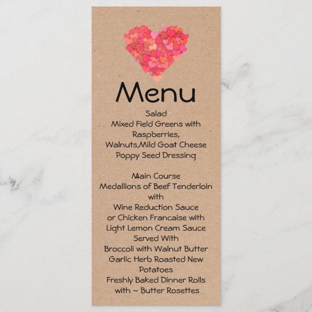 Craft Hearts Skinny Wedding Table Menu (Front)