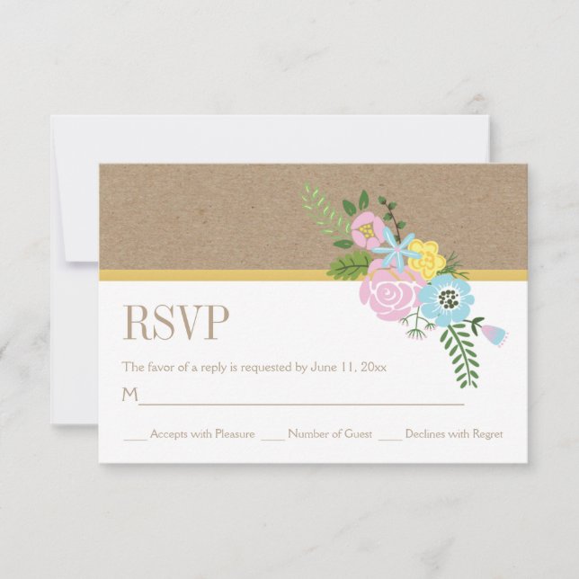 Craft paper and pink, aqua flowers wedding RSVP Card (Front)